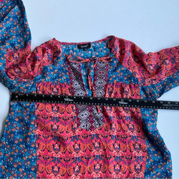Tolani 100% Silk Top XS Multicolor Popover Peasant Tunic Tie Front Boho Flowy - Picture 5 of 9